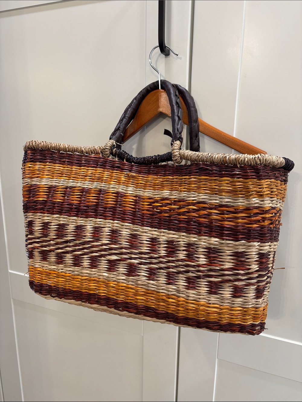 Woven Straw Tote Bag in Brown, Tan & Yellow